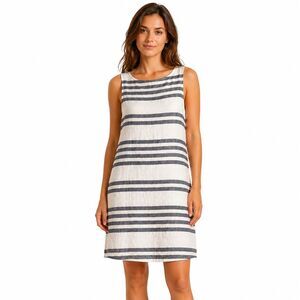 Beach Lunch Lounge Dress Womens Medium White Stripe Sleeveless Linen Shift Lined